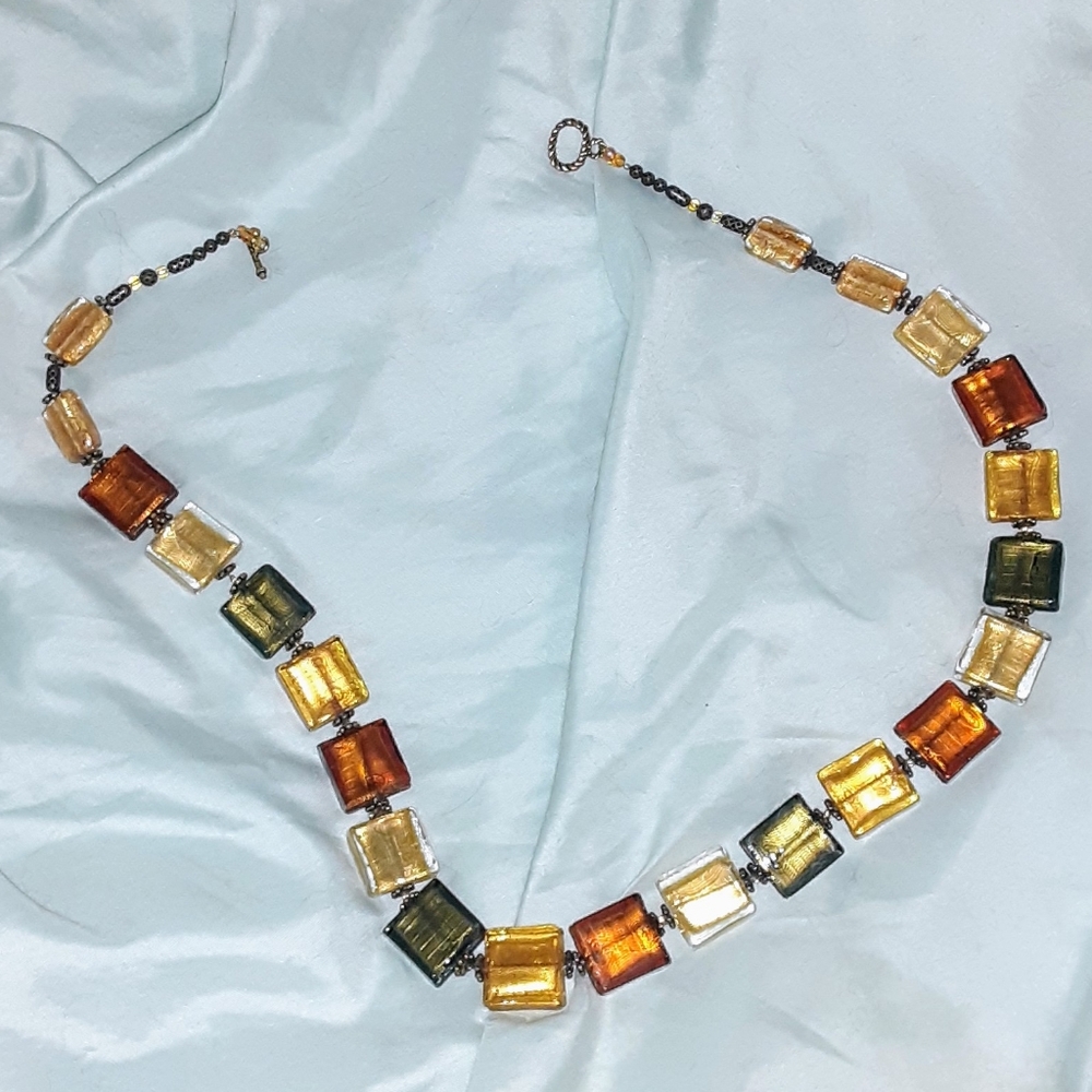 Vintage Handmade 14in Murano Glass Foil 20mm Beaded Necklace Copper Toggle Clasp
